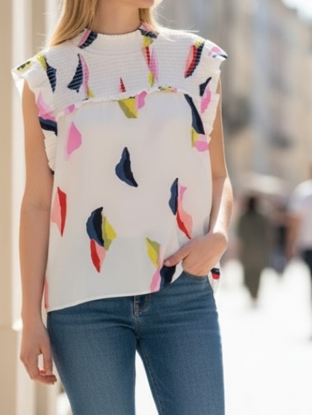Anthropologie THML Top Smocked Flutter Sleeve Artsy Colorful Chic Blouse Sz L